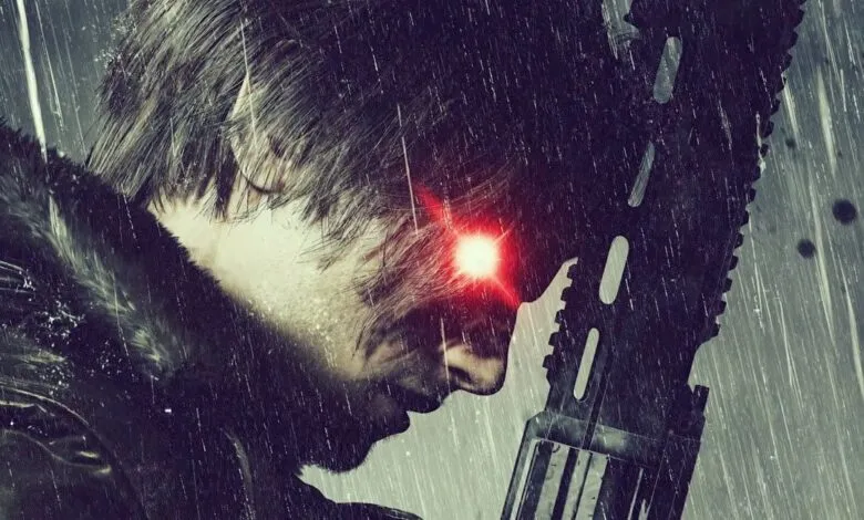 Man in rain with red glowing eye holding a large rifle.