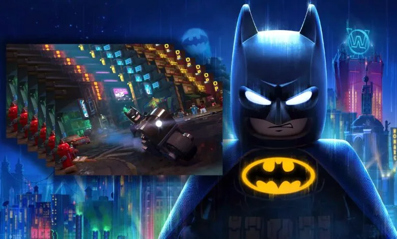 Lego Batman character in front of a cityscape, with a smaller scene inset.
