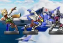 Three amiibo figures of Star Fox characters: Fox, Falco, and Wolf.