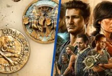 Uncharted game art featuring coins and character portraits.