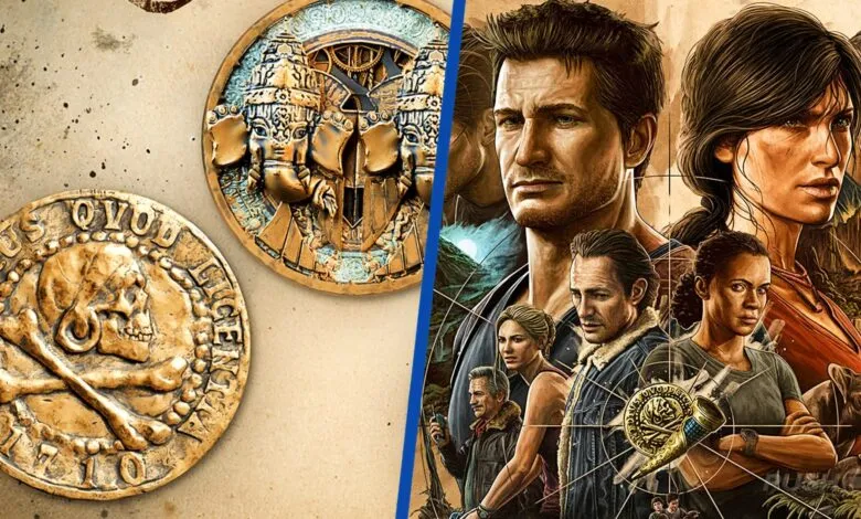Uncharted game art featuring coins and character portraits.