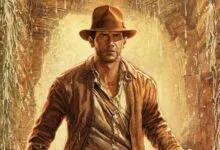 Illustration of Indiana Jones in a jungle setting with waterfalls.