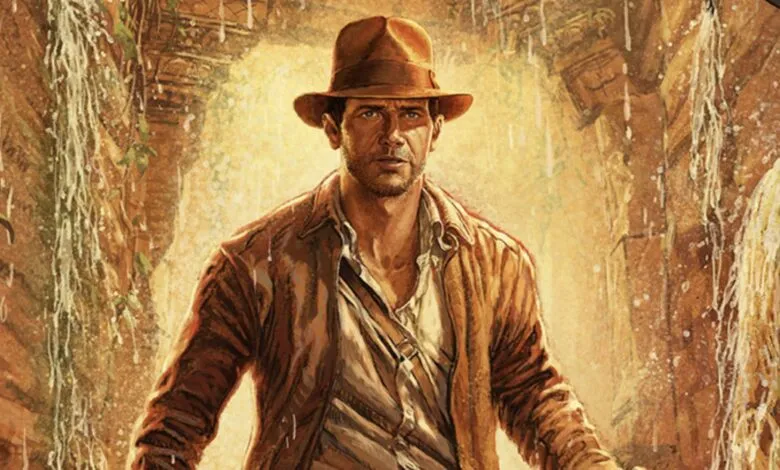 Illustration of Indiana Jones in a jungle setting with waterfalls.