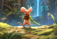 Mouse adventurer with sword and backpack stands before glowing portal.