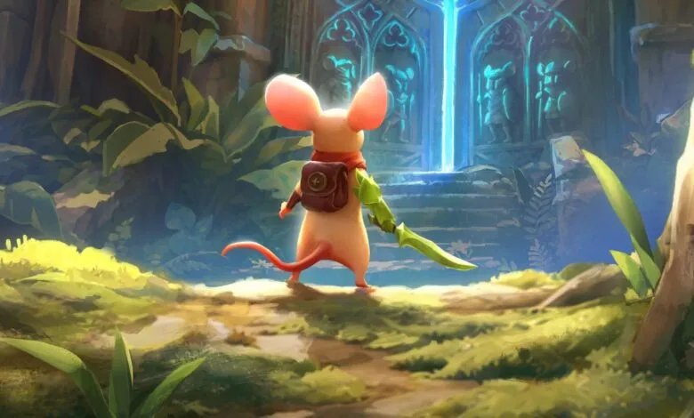 Mouse adventurer with sword and backpack stands before glowing portal.