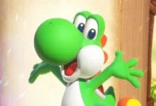 Close-up of Yoshi, a green dinosaur-like character, with arms outstretched.