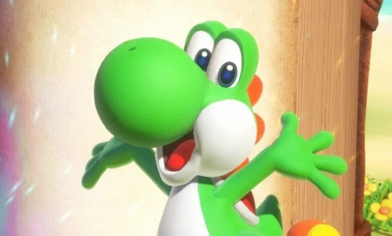 Close-up of Yoshi, a green dinosaur-like character, with arms outstretched.