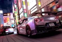 Nissan GT-R and Z car driving through vibrant Tokyo street at night.