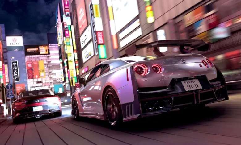 Nissan GT-R and Z car driving through vibrant Tokyo street at night.