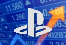 PlayStation logo overlaid on a financial stock chart with upward trending arrow.