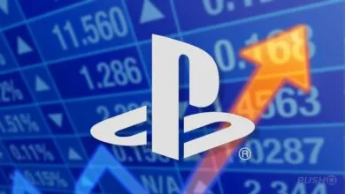 PlayStation logo overlaid on a financial stock chart with upward trending arrow.