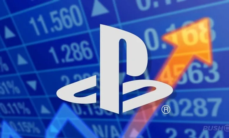 PlayStation logo overlaid on a financial stock chart with upward trending arrow.