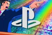 Phoenix Wright points dramatically with PlayStation logo overlayed.