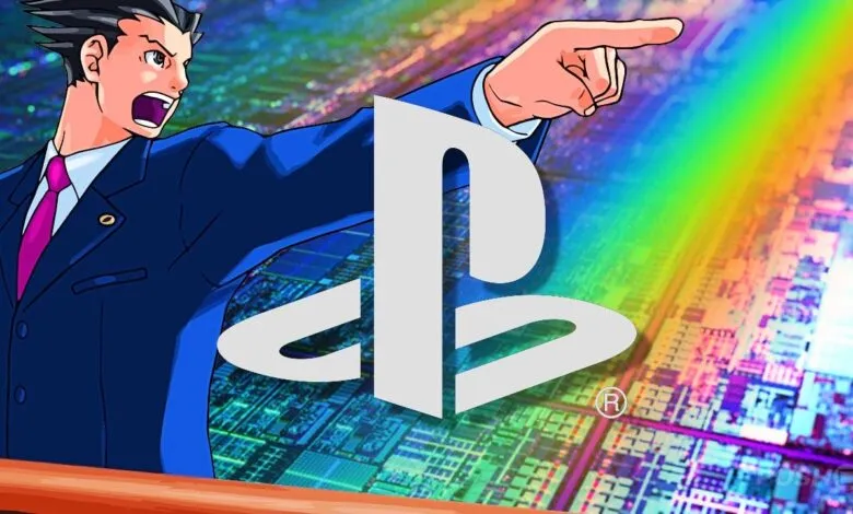 Phoenix Wright points dramatically with PlayStation logo overlayed.