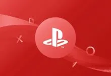 PlayStation logo on red background with shapes and wave design.