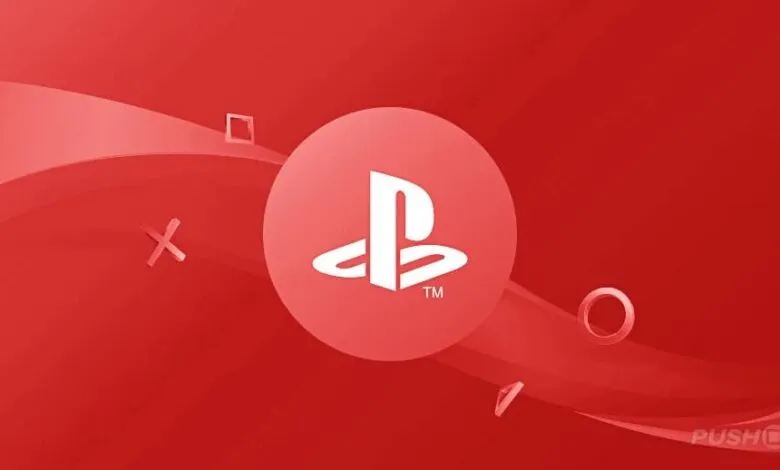 PlayStation logo on red background with shapes and wave design.