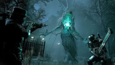 Two hunters face a glowing, spectral monster in a dark, atmospheric scene.