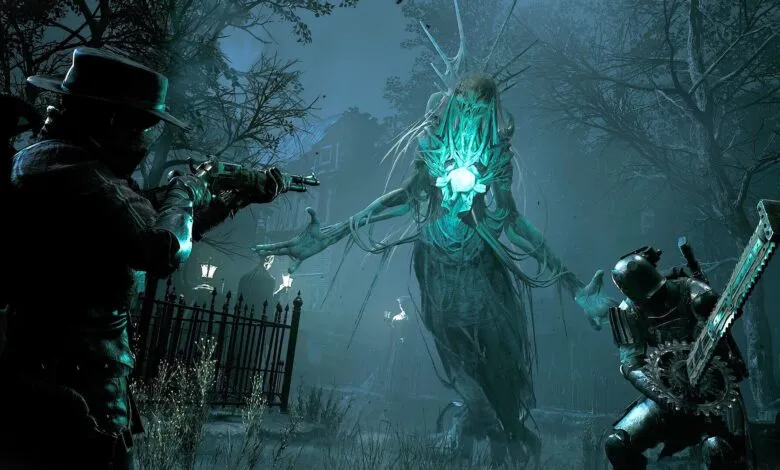 Two hunters face a glowing, spectral monster in a dark, atmospheric scene.