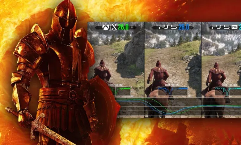Video game comparison showing knight armor and frame rate graphs.