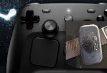 Close-up of a Steam Controller with a charging puck attached.