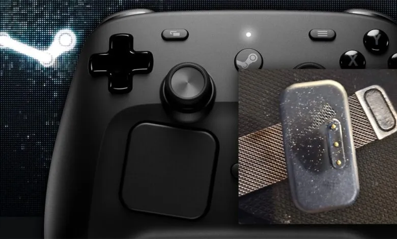 Close-up of a Steam Controller with a charging puck attached.