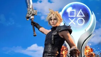 Cloud Strife holds Buster Sword with PlayStation trophy against blue sky.