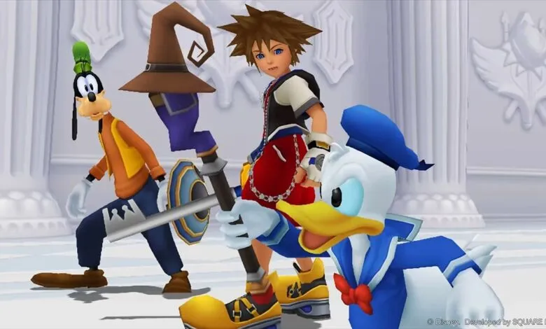 Sora, Donald Duck, and Goofy stand together in a white hall.