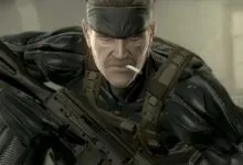 Solid Snake with a cigarette and rifle, intense gaze.