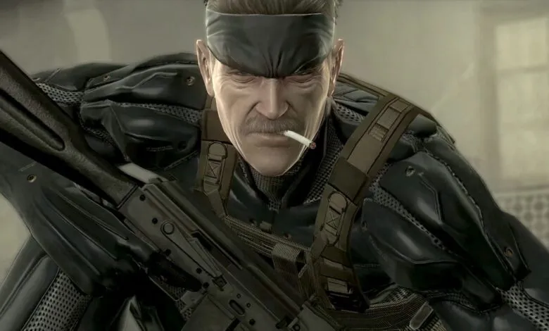 Solid Snake with a cigarette and rifle, intense gaze.