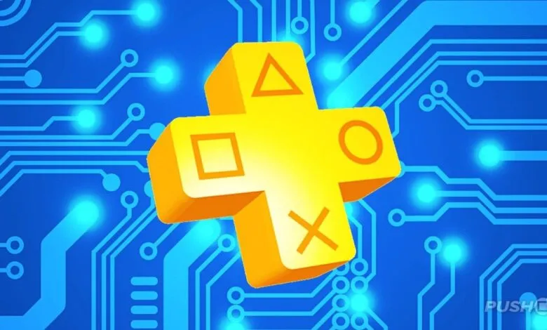 PlayStation Plus logo, a yellow cross with symbols, on a blue circuit board background.