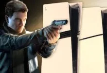 Man with gun stands near PlayStation 5 consoles.