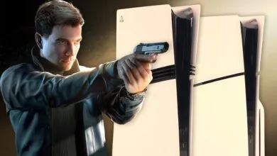 Man with gun stands near PlayStation 5 consoles.