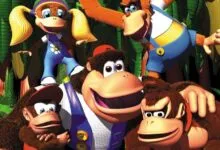 Group of cartoon monkeys in a jungle setting, including Donkey Kong and Diddy Kong.