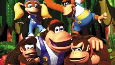 Group of cartoon monkeys in a jungle setting, including Donkey Kong and Diddy Kong.