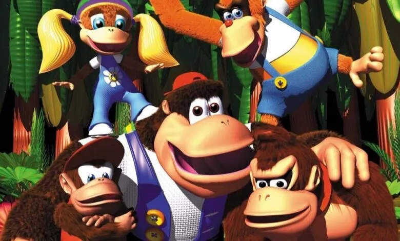 Group of cartoon monkeys in a jungle setting, including Donkey Kong and Diddy Kong.