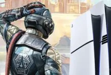 Character from The Outer Worlds game next to a PlayStation 5 console.