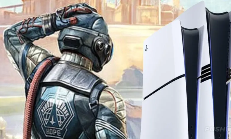 Character from The Outer Worlds game next to a PlayStation 5 console.