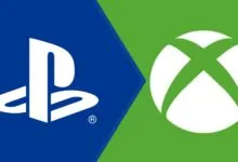 PlayStation and Xbox logos side-by-side on a split blue and green background.