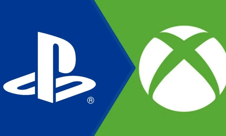 PlayStation and Xbox logos side-by-side on a split blue and green background.
