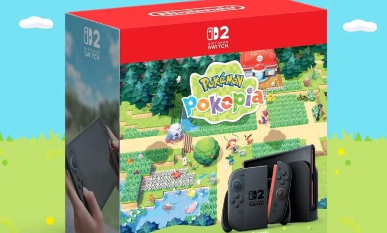 Nintendo Switch 2 + Pokemon Pokopia game box on a green and blue background.