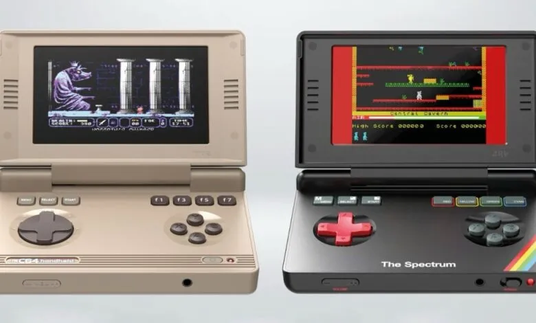 Two handheld gaming consoles, a C64 and a Spectrum, displaying retro games.