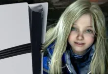 Young girl with blonde hair and green eyes next to a PlayStation 5 console.