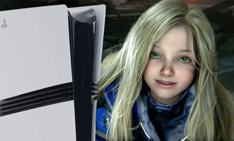 Young girl with blonde hair and green eyes next to a PlayStation 5 console.