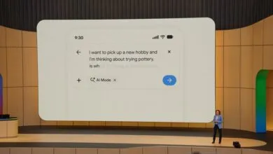 Presentation stage showing AI chatbot interface and speaker.