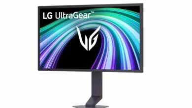 LG UltraGear gaming monitor with a vibrant, colorful display on a stand.