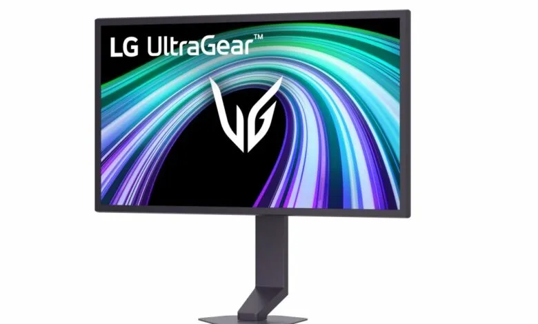 LG UltraGear gaming monitor with a vibrant, colorful display on a stand.