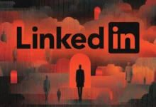 LinkedIn logo with figures in a surreal, red-toned landscape.