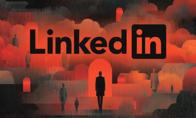 LinkedIn logo with figures in a surreal, red-toned landscape.