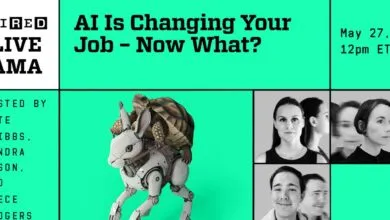 Wired Live AMA graphic: AI's impact on jobs, featuring a robotic rabbit carrying a turtle.