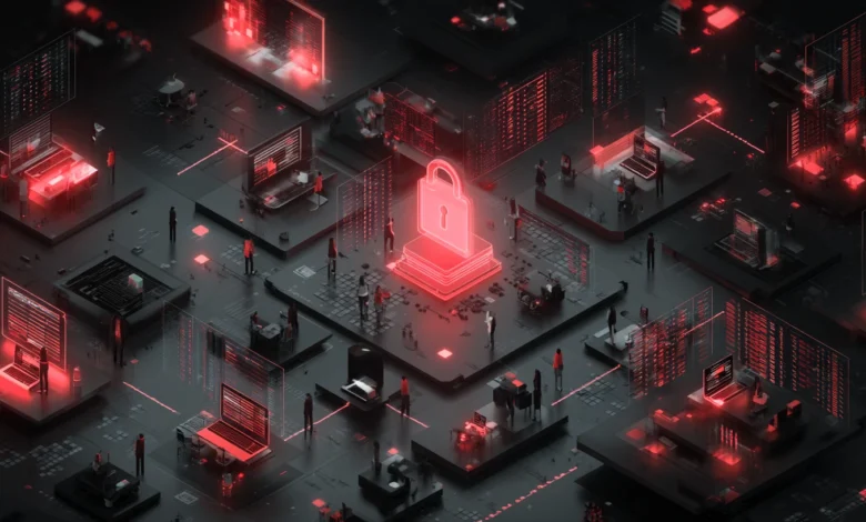 Isometric view of a digital landscape with a glowing red padlock at the center.